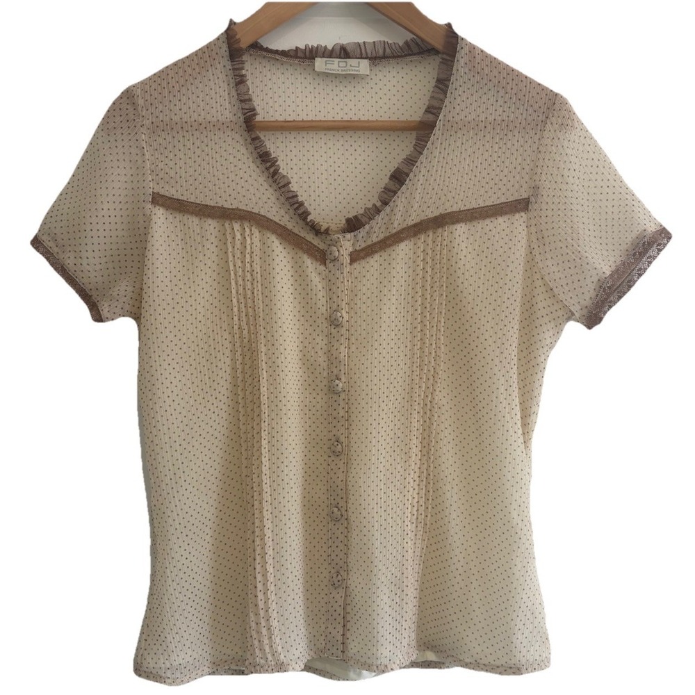 VTG Y2K FDJ Sheer Mesh Polka Dot Blouse Small Coquette Fairycore Ruffle Top